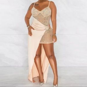 Brand Nude mesh and rhinestone dress with gold overlay